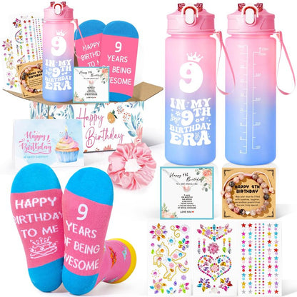 Frerdui 9 Year Old Girl Birthday Gifts, Cute Presents for 9 Year Old Girls, Tween Girl Gift Set with in My 9th Birthday Era Water Bottle, Socks, Bracelet & DIY Diamond Kit
