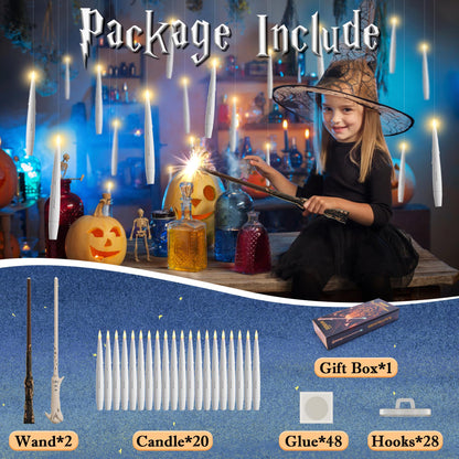 JOIONE Floating Candles with Wand, 20 Pack Hanging Candles with Magic Wand Remote, Battery Powered Floating Candles with 2 Wand, Flameless Magic Hanging Taper Candles for Xmas Halloween Decor, White