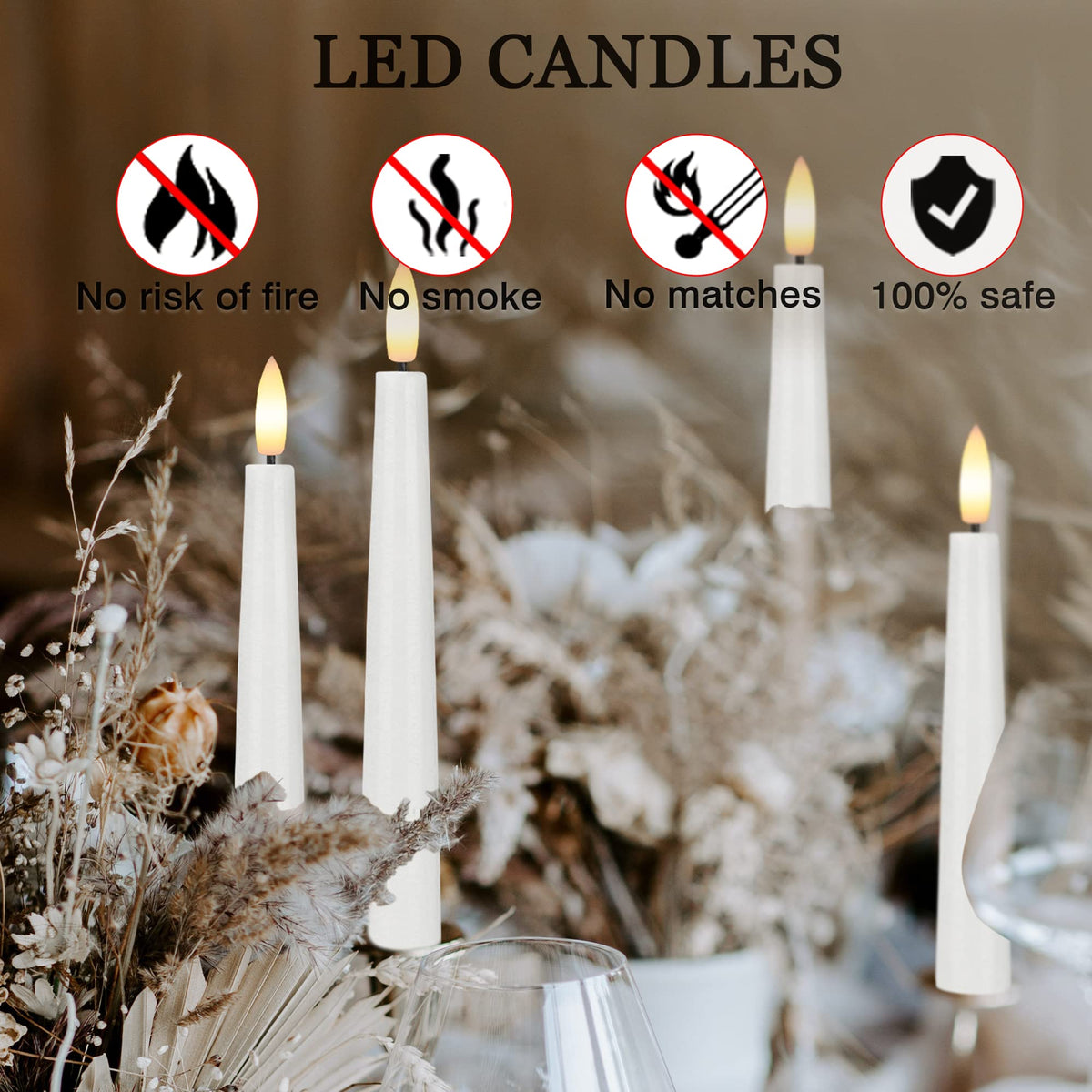 Flameless Taper Candles with 3D Wick, 9.6" Real Wax LED Candles with 2 Remote and Timer, 6 Pack Flickering Candlesticks Battery Operated, Classic Tall Taper Candle for Home, Wedding, Party, White