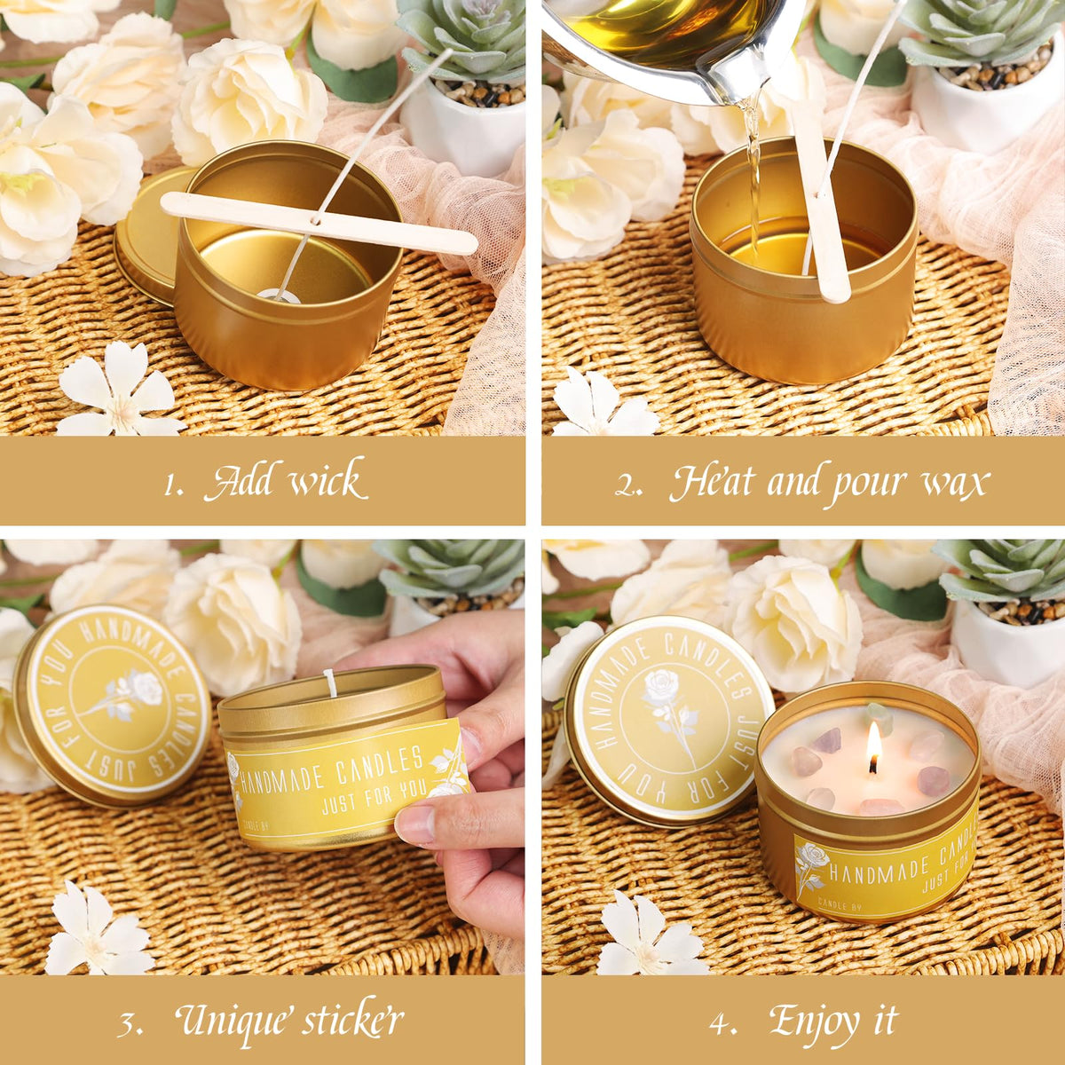 CONNOO 48 Pack Candle Tins - 24pcs 8oz + 24pcs 4oz Matte Gold Candle Jars with Lids for Making Candles, Bulk Empty Candle Containers with Sticky Warning Labels for Candle Making, Storage, and Gift