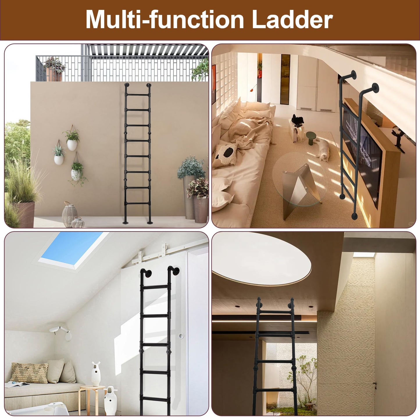 7FT/213cm Metal Loft Ladder, 7-Step Wall Floor Mounted Step Ladder for Egress Window Well, 330lbs Heavy-Duty Load Capacity, Indoor Outdoor Use for Home, Basement, High Entrance Loft Bed, Attic