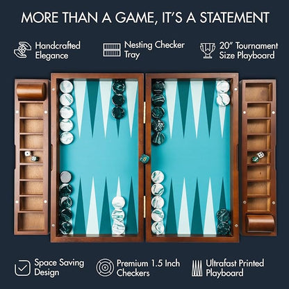 20 Inch Large Backgammon Sets for Adults Green Backgammon Board Solid Wood. Removable Accessory Tray Premium 1.5 Inch Checkers &amp Dice Set Backgammon Game Set Backgammon Table