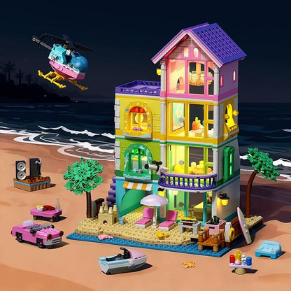 Beach House Building Set with Light NO Compatible with Lego Friend House for Girls Age 8-12 1346PCS Mini Bricks Seaside Villa Creative Holiday Cottage Building Kits for Girl 8-14