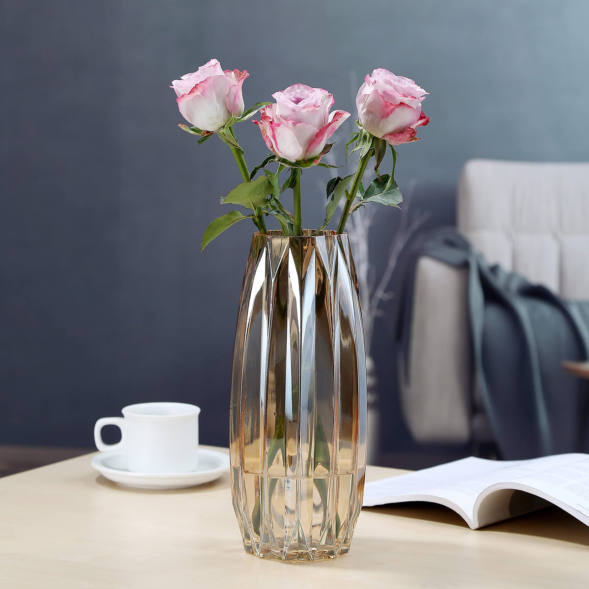 Lucky Bird Amber Glass Vase - Modern Tall/Short Ribbed Vase for Flowers & Candles - Amber H11.8" Centerpiece HomeDecor