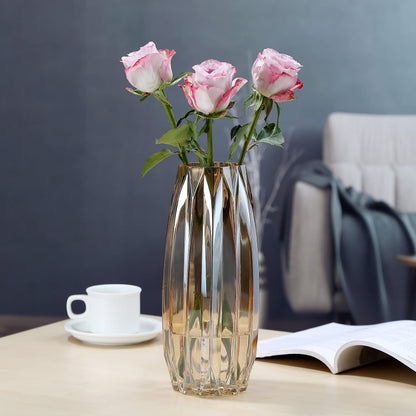 Lucky Bird Amber Glass Vase - Modern Tall/Short Ribbed Vase for Flowers & Candles - Amber H11.8" Centerpiece HomeDecor