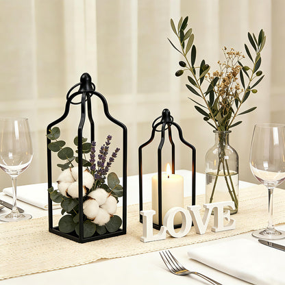 Rustic Farmhouse Decor Metal Lantern Set of 2 Decorative Lanterns for Home Indoor Outdoor Living Room, Fireplace, Patio, Wedding & Kitchen Table Centerpieces (Black, 14.5" 12.2")