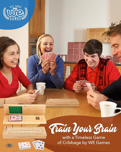 WE Games Wooden Cribbage Board Game Set Continuous 3 Track for 2-3 Players Travel Cribbage Board with Card Storage Includes 9 Metal Pegs &amp Deck of Cards Card Games Classic Board Games for Adu