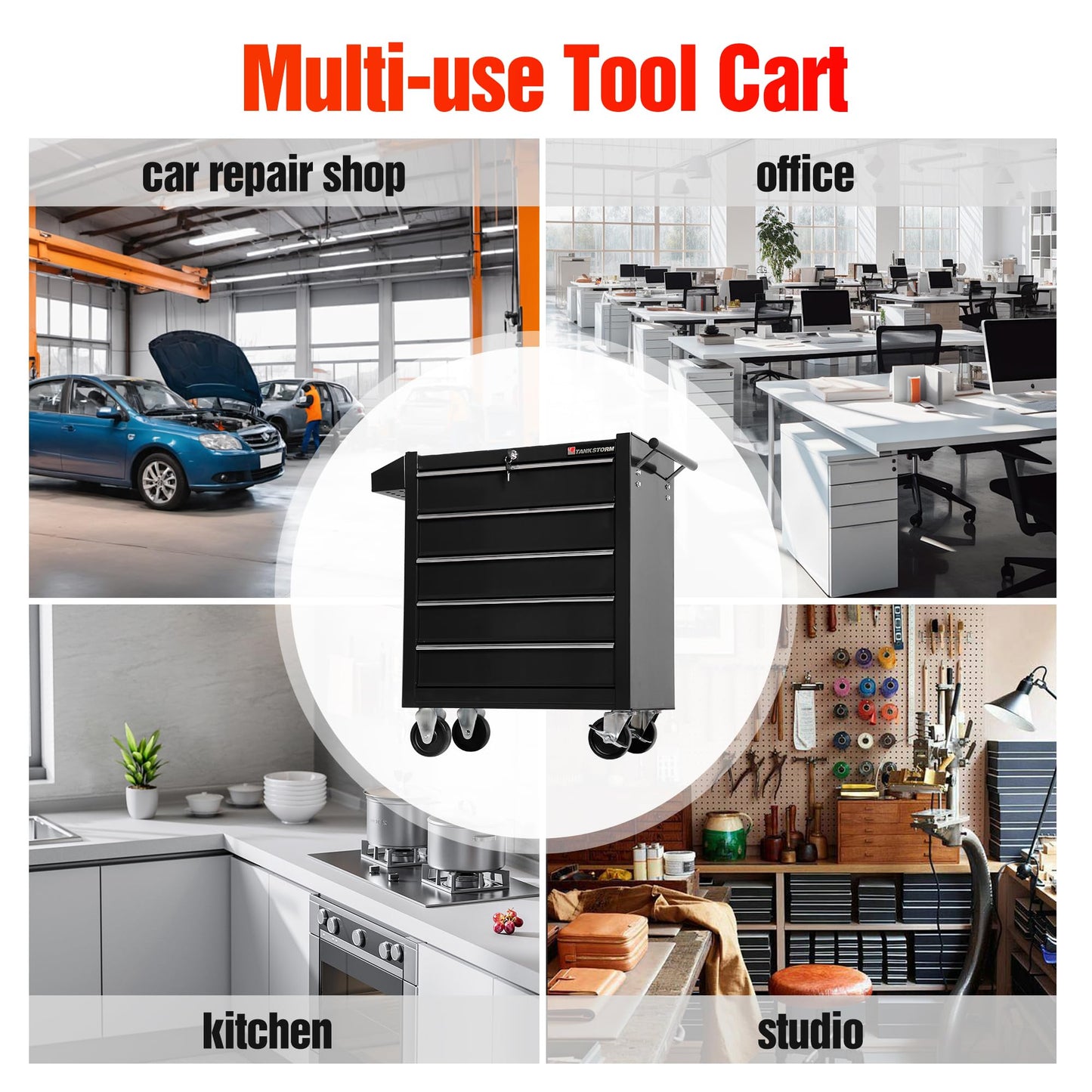 TANKSTORM 5-Drawer Rolling Tool Chest with Wheels, Heavy Duty Lockable Metal Tool Cabinet, Rolling Tool Box Organizer for Garage, Workshop, Repair Shop, Black