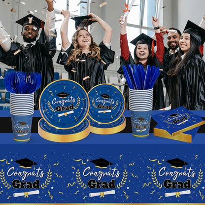 Graduation Decorations Class of 2026 Graduation Party Decorations,147 PCS Disposable Congrats Grad Tableware,Blue and Black Tablecloth Knives Fork Plates Napkin Cups for School,College,Party,Serve 24