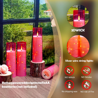 Sasigeiaa Flameless Candles with Embedded Star String - Battery Operated LED Candles, with Remote,12 Pink Flickering Candles for Christmas, Weddings, Home Decor & Party,(D 2.3"×H 5" 6" 7")