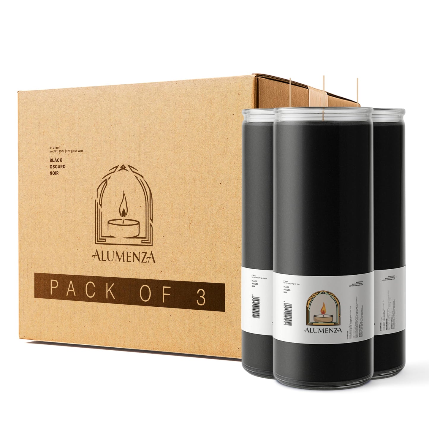 Alumenza 3 Pack Black 7 Day Candles in Glass Jar – Paraffin Wax, Clean Burning Unscented | Large & Tall Devotional Prayer Pillar Candles for Home, Memorial, Spells, Long Lasting