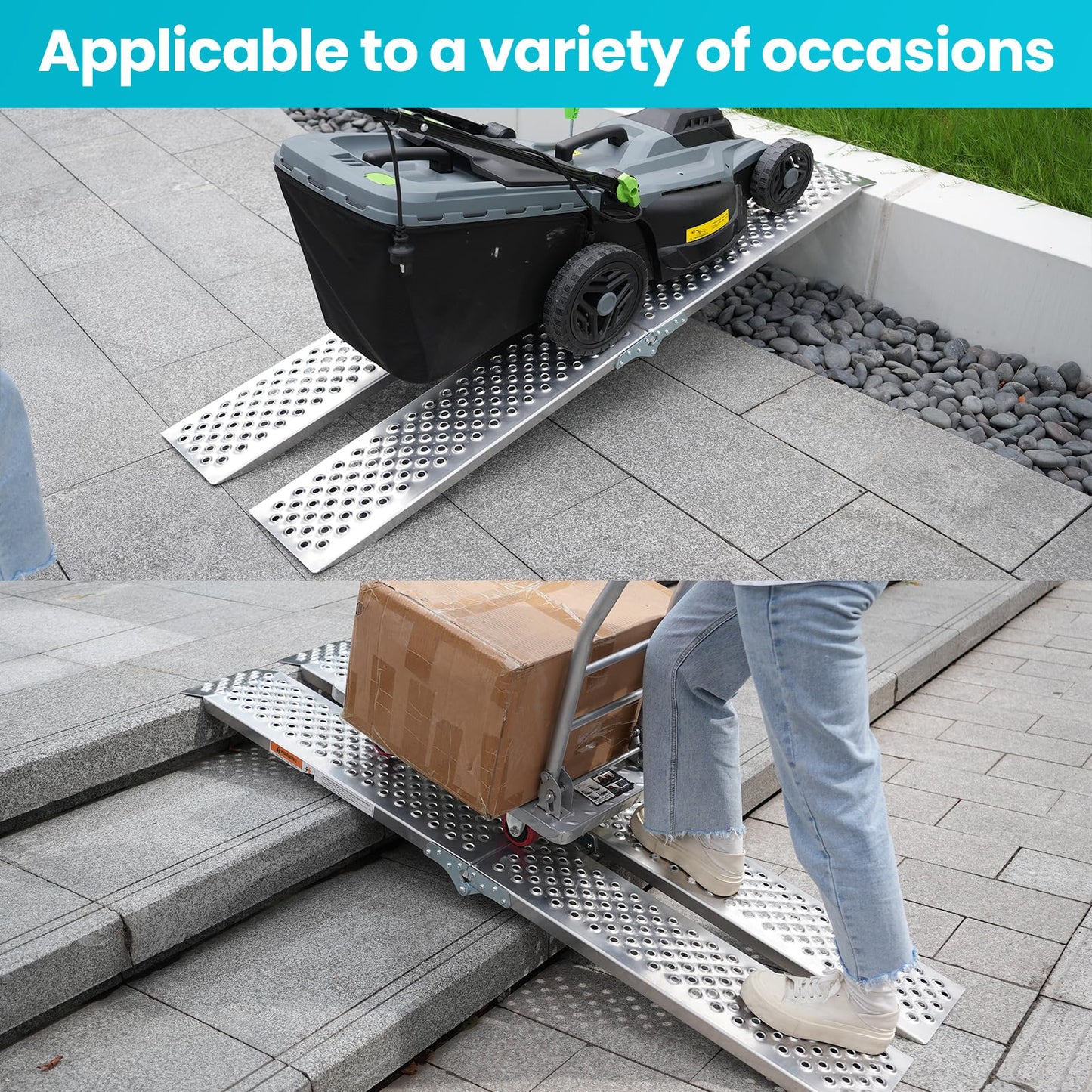 Foldable Aluminum Motorcycle Loading Ramp, 63" L x 8.5" W inches, 1500lbs Load Capacity, Lightweight, Non-Slip, Waterproof, Rust-Proof, Suitable for Trucks, Lawn Mowers, SUVs, Trailers, Set of 2