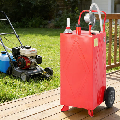 35 Gallon Fuel Gas Caddy Storage Tank, Portable Gas Caddy with Wheels, Manual Hand Crank Transfer Pump, Fuel Hose, Wide Fill Neck, Level Gauge, Mobile Gasoline Diesel Fuel Transfer Tank for ATV, Lawn Mower, Tractor, Car, Boat, Equipment
