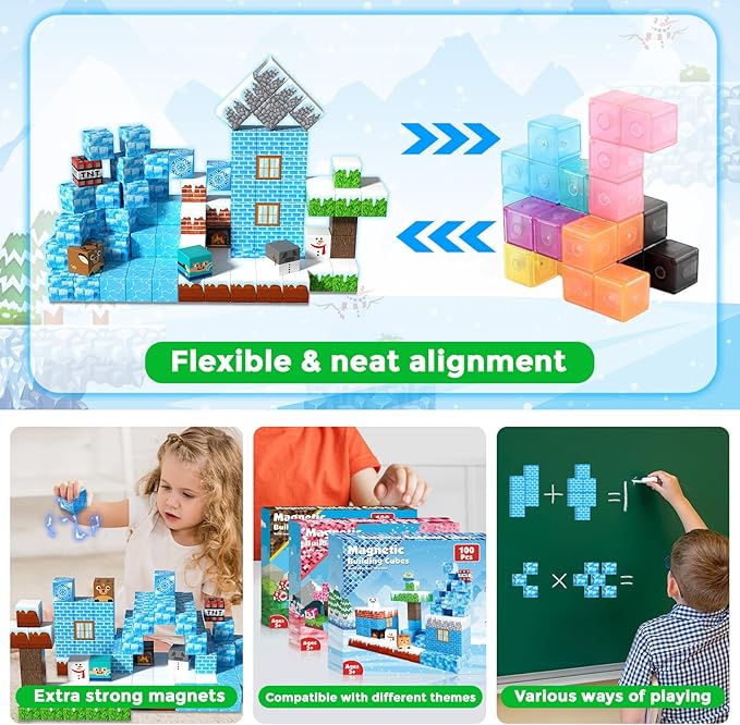 Magnetic Blocks - 100PCS Magnetic Blocks Build Ice Castle - Magnetics Toys for Montessori Toddler Easter Christmas Birthday Gifts - STEM Sensory Toys for 3 4 5 6 7 8 9 10 Year Old Girls