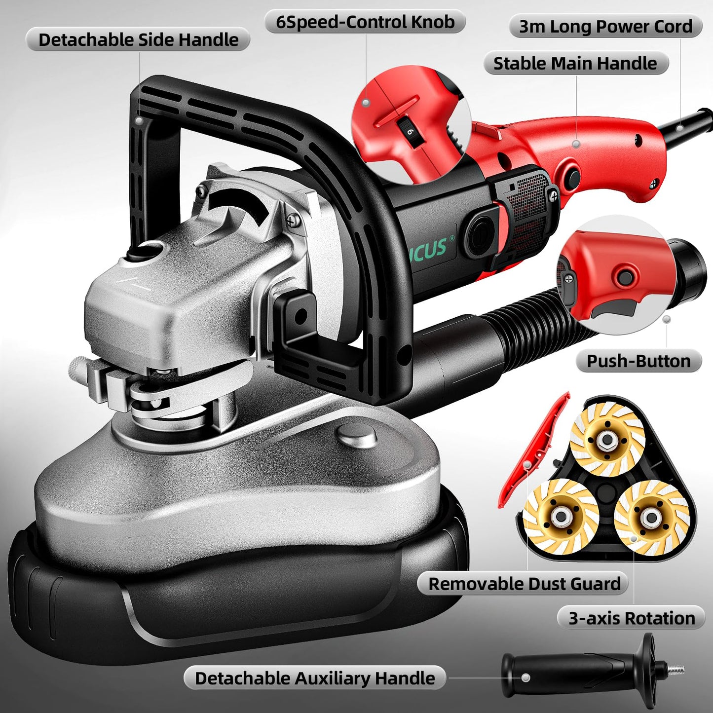 GLAUCUS 4" 3-Head Concrete Grinder, 2200W Electric Concrete Floor Grinder with 6-Speed Control, Diamond Grinding Machine for Concrete, Marble, Granite, Cement Floor Wall Ceiling Polishing (Red)