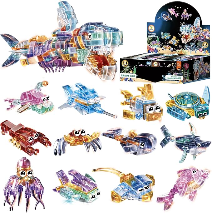 12 Piece Set of Marine Animal Building Blocks Suitable for Goodie Bags Stocking Stuffer Classroom prizes Birthday Gifts Boys' and Girls' Toys 12 in one Building Block Set