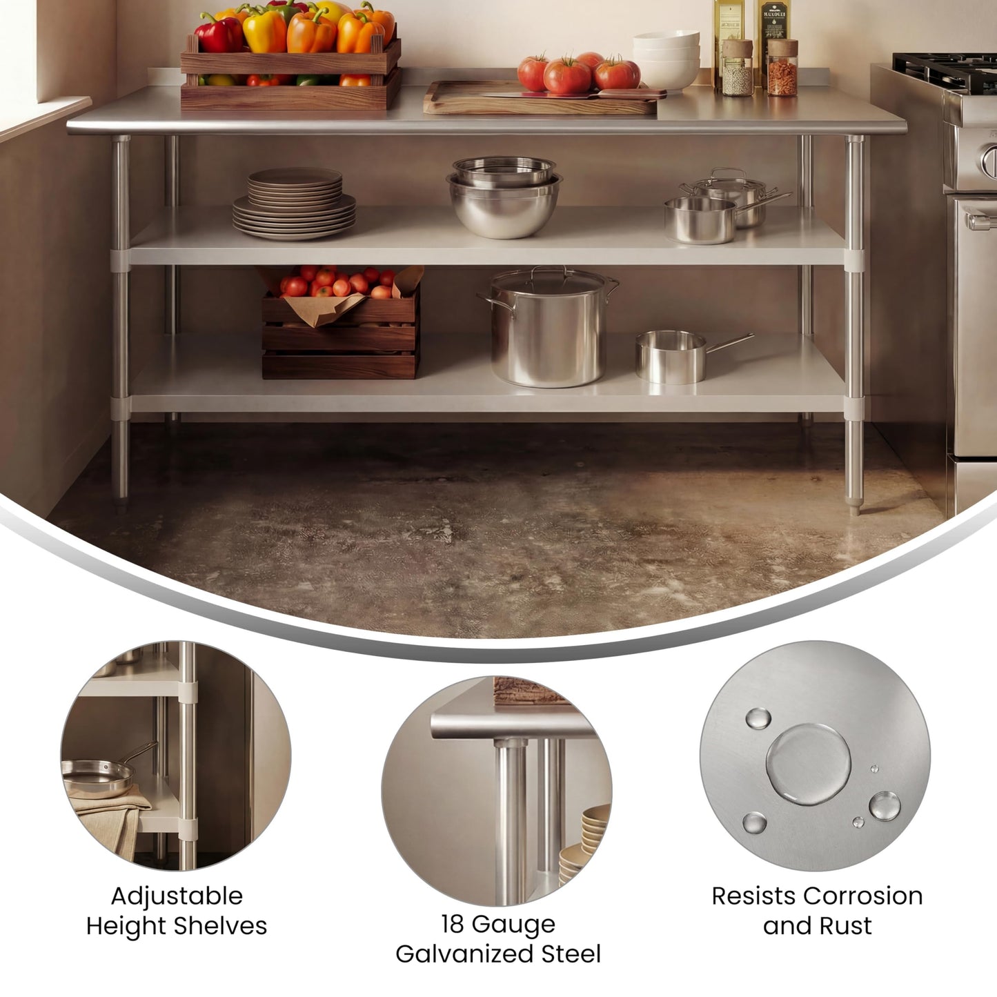 Flash Furniture Stainless Steel 18 Gauge Work Table with 2 Undershelves - 72" W x 30" D x 34.5" H, NSF