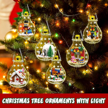 Christmas Tree Ornaments Building Set with Light Santa Claus Gingerbread House Nutcracker Penguin Bear Building Kit in Bulbs 6 Pack Xmas Decorations Stocking Stuffers Gift for Kids (405 PCS)