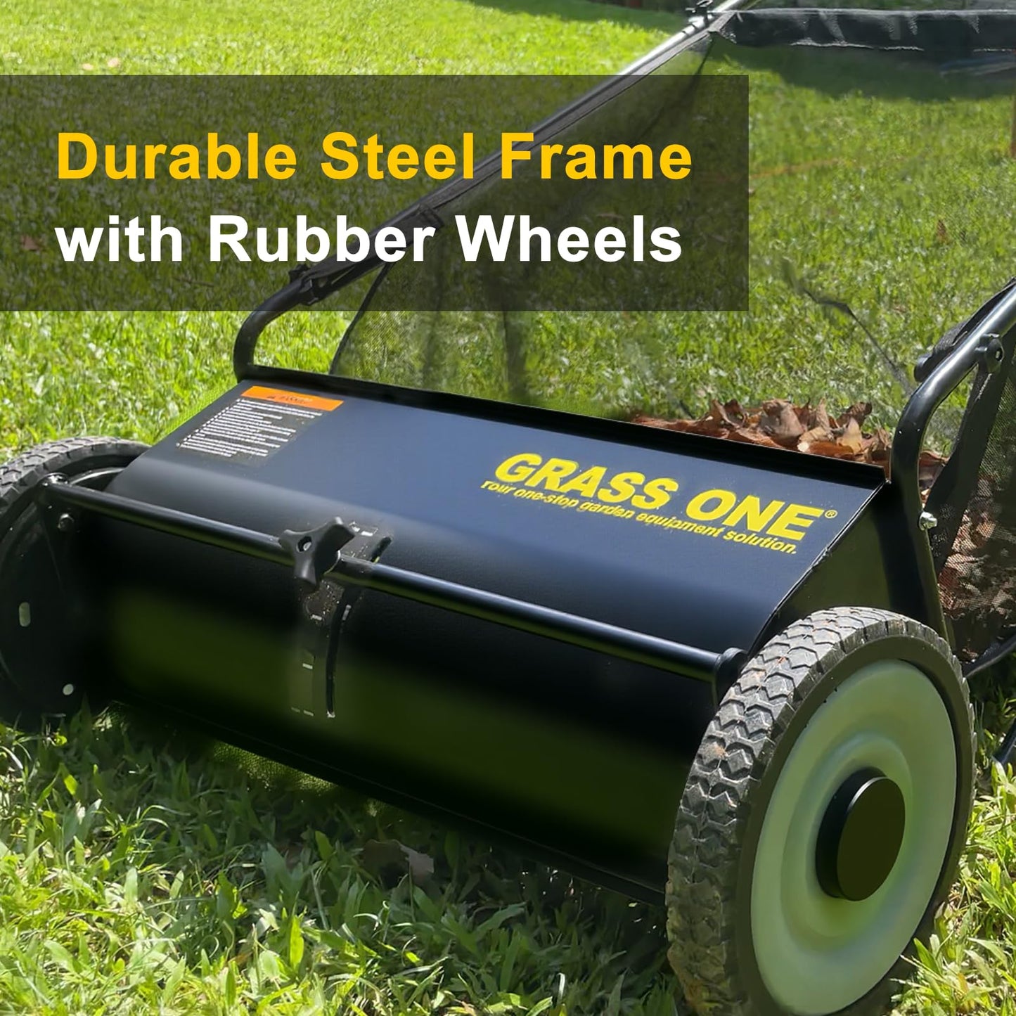 Grass One 26 Inch Push Lawn Sweeper, Leaf and Grass Collector with 7 Cu.Ft Mesh Bag, 4 Spinning PP Brushes, Durable Steel Construction, Adjustable Height & Rubber Tires for Yard Cleanup