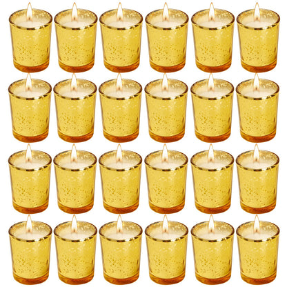 Soft Breeze 24 PCS Speckled Mercury Golden Glass Candle, Unscented Glass Votive Candle, Birthday&Wedding Decorations for Table Home，Anniversary Party Candles,Golden