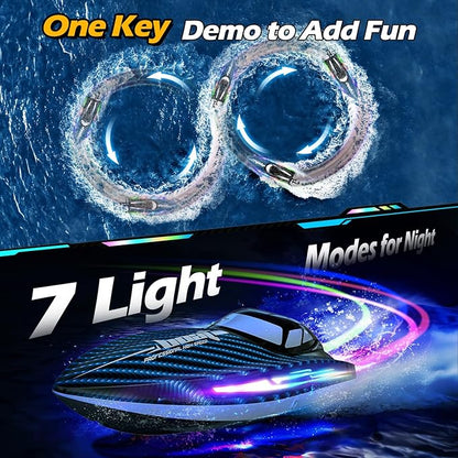 30KMH RC Remote Control Boat with 7 LED Light Modes Waterproof Electric Fast Speed Boat for Adults Kids 8-12 Lake Pool Water PlaySelf-rightingDemoWater Cooling20MinsLow Battery Alert2.4GhzBlue