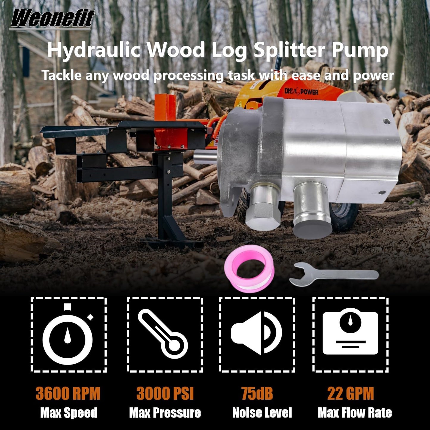 Hydraulic Wood Log Splitter Pump - 22 GPM | 2 Stage | 3000 PSI | Aluminum HI/LO Gear Pump with 3600 RPM, NPT3/4 Outlet Port, NPT1 Inlet Port, 5/8" Diameter Shaft