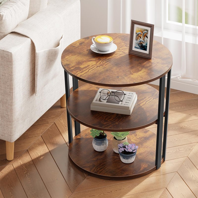 Kalrin Round Side Table, 3-Tier Rotating Side Table, Big Shelf End Table Living Room with Lazy Susan, Nightstand for Small Spaces Living Room Bedroom Sofa, Vintage Brown