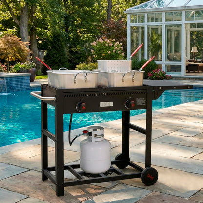 FEASTO Outdoor Propane Deep Fryer with Movable Cart, 2-Burner Stove with 100,000 BTU Total, 2 x 18QT Aluminum Pots, 1 x 18QT Basket & 2 x 9QT Frying Baskets, Portable Fryer for Fish, Fries & Chicken