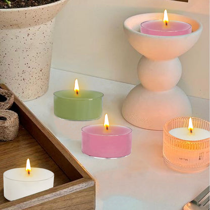 Scented Tea Light Candles 12 Pack Pastel Color Hand Poured Smokeless 4 Hours Clean Burning Small Round Clear Cups Tealight Candles for Romantic Dinners Wedding Centerpieces Cozy Evenings