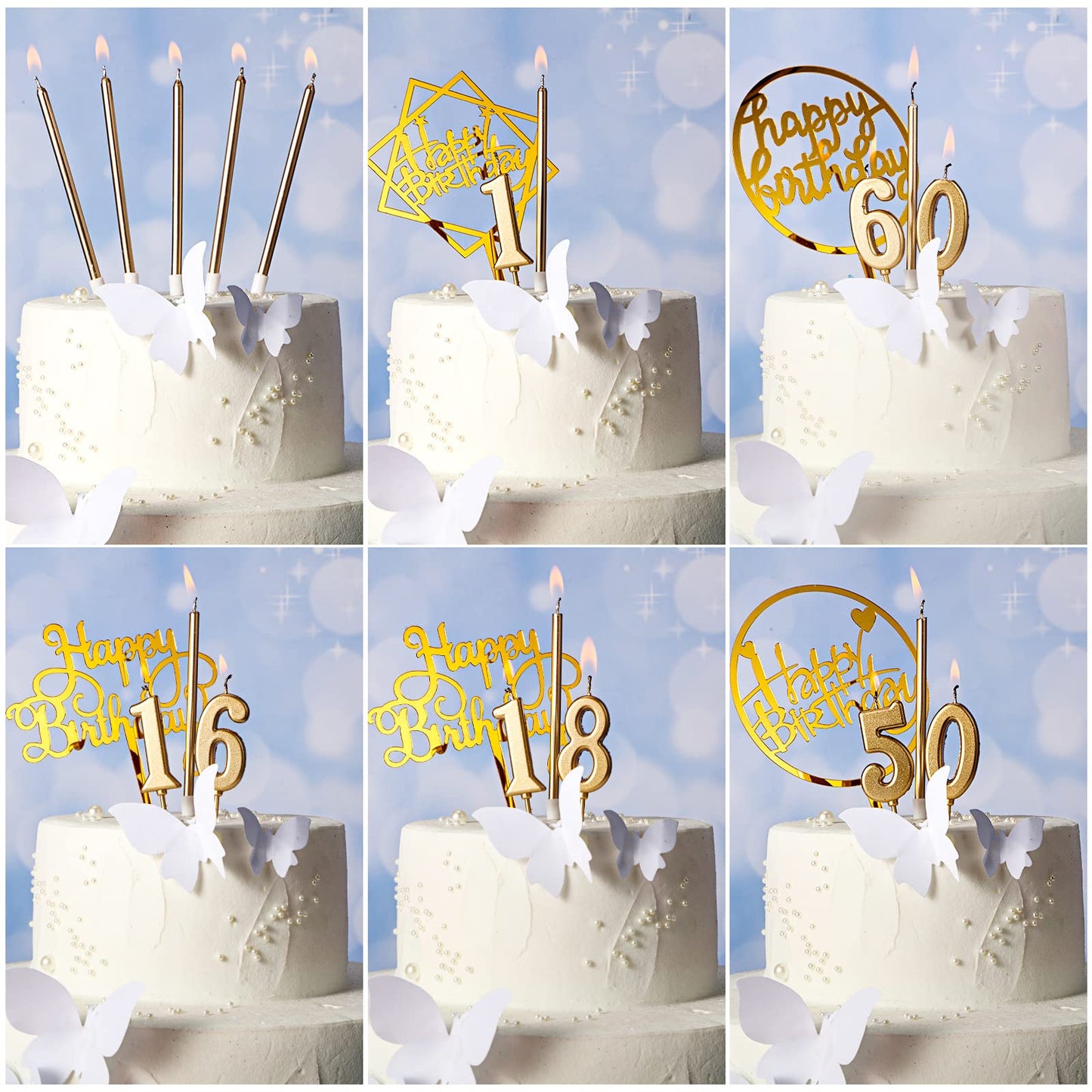Shihanee 84 Pcs Birthday Cake Toppers Decorations Long Thin Metallic Birthday Candles Bulk Number Candles 0-9 DIY Cake Decor for Wedding Anniversary Party(Champagne)