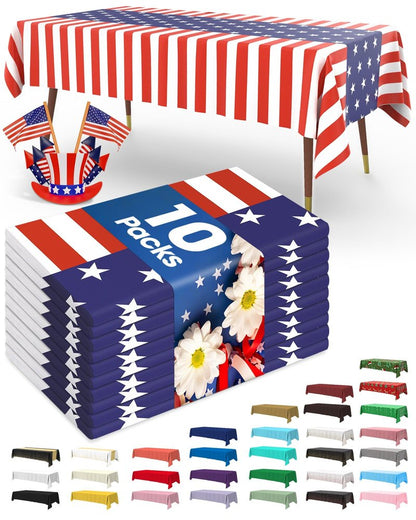 Pureegg 4th of July USA 250th Anniversary Plastic Tablecloth Disposable 10 Pack, Patriotic American Flag Rectangle Table Cover 54 x 108 Inch, Table Cloth for Independence Day BBQ Picnic Party