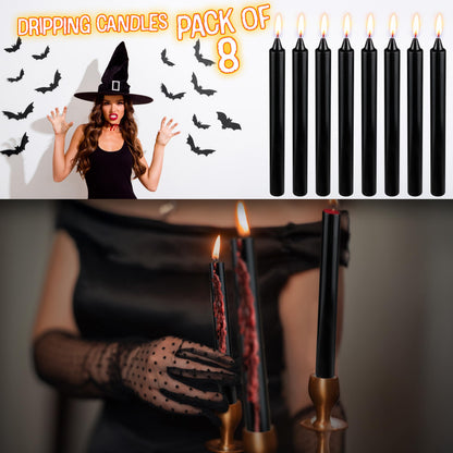 Deco Express Taper Candles Blood Drip Effect 8 Pack Halloween Decor 5 Hr Burn Gothic Table Centerpiece Black Party Candles Goth Gifts (Black Drip)