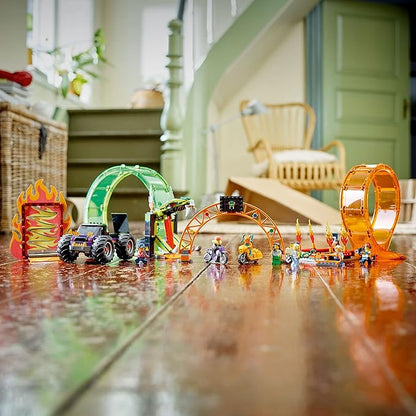 LEGO City Stuntz Double Loop Stunt Arena 60339 Monster Truck Playset with 2 Toy Motorcycles Ramp Wall of Flames Ring of Fire Snapping Snake Loop and 7 Minifigures for Kids Ages 7 Plus