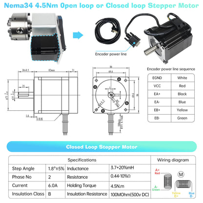 RATTMMOTOR K12-130mm CNC Router Table Rotary Milling Machine Rotational Axis A 4th Axis, 4 Jaw Chuck Dividing Head, 4.5N.m Closed Loop Servo Motor+2HSS86 Driver