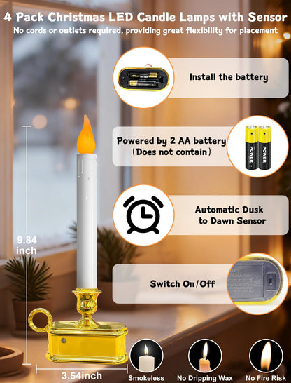 Romasaty 4 Pack Christmas Window Candle Lamps with Sensor Dusk to Dawn,10 Inch Battery Operated LED Window Candles with Flickering Amber Flame for Weddings Table Christmas Decor, Gold Plated Base