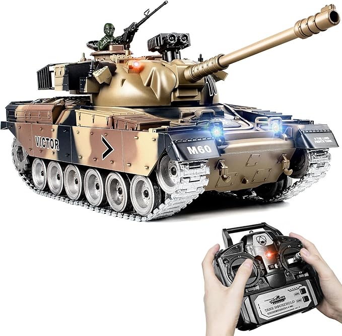 RC Tank 1:18 Alloy Metal US M60 Remote Control Army Model Toys That Shoots 2.4Ghz RC Vehicle with Smoke Sound and Lights Military Tank for Adults and Kids 6+ Year Old