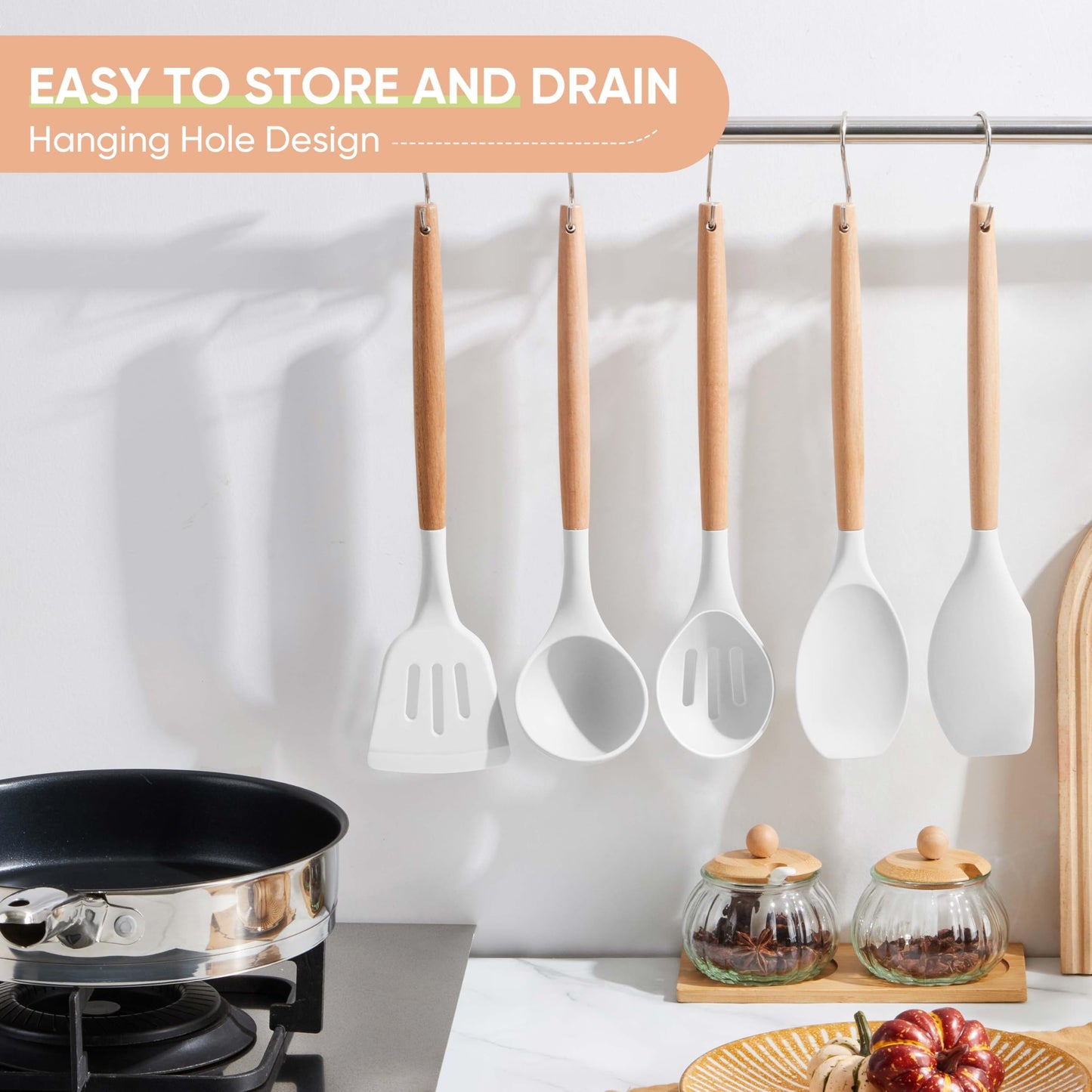 Herogo 8 Pcs Non-Stick Silicone Cooking Utensils Set with Wooden Handle, Heat Resistant Food-Grade Kitchen Utensils Set, Includes Spatula Spoon Turner Server Whisk Ladle for Baking, Cooking (White)