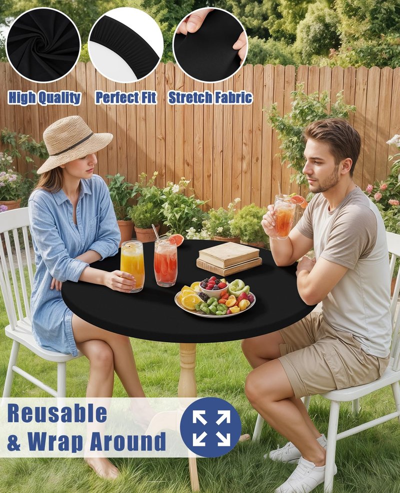 Moosfor Round Spandex Tablecloth, Elastic Fitted Waterproof Tablecloths for 42"-50" Tables, Stretch Washable Picnic Table Cover for Camping, Dining, Indoor and Outdoor, Black