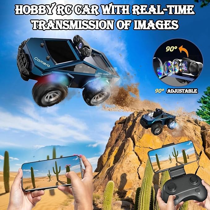 1/28 RC Monster Truck with Camera RC Car Toys with 720P HD FPV Camera High Speed All-Terrain Remote Control Car Racing Vehicle with Blinking Body Lights for Adults Kids Boys Dual Control Modes