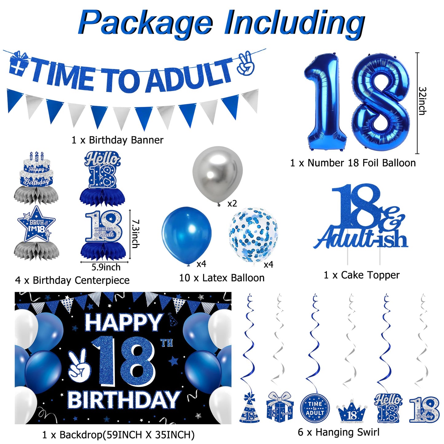 DARUNAXY 18th Birthday Party Decorations for Boys Girls, Blue Time To Adult 18 Banner, 18 Number Balloons & Cake Topper, Cheers To 18 Years Old Birthday Honeycomb Hanging Swirl Confetti Balloons