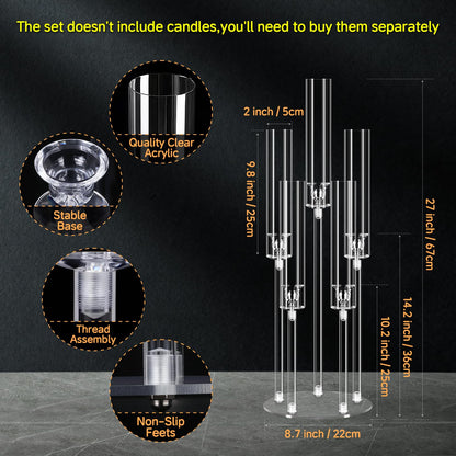 Clear 5 Arms Candlesticks Holder with Acrylic Shade for Wedding Table Decorations,26'' Tall Acrylic Candelabra Centerpieces for Candlelight Dinner Party Fireplace Gift Fit LED Candle（6 Pcs）