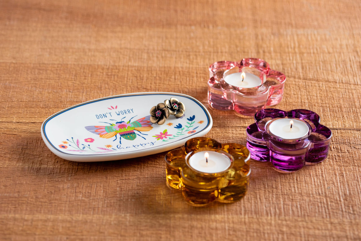 Karma Glass Flower Tealight Holder - Chunky Glass Candle Holder for Home & Party Decor, Wedding Table Centerpiece