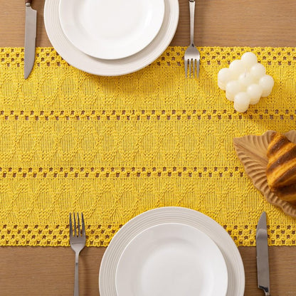 Socomi Boho Table Runner Summer Farmhouse Rustic Dining Kitchen Centerpiece Decor Small Macrame Woven Cotton Linen Coffee Table Runner for Dresser Scarf Home Decor 12x48 in Yellow Gold