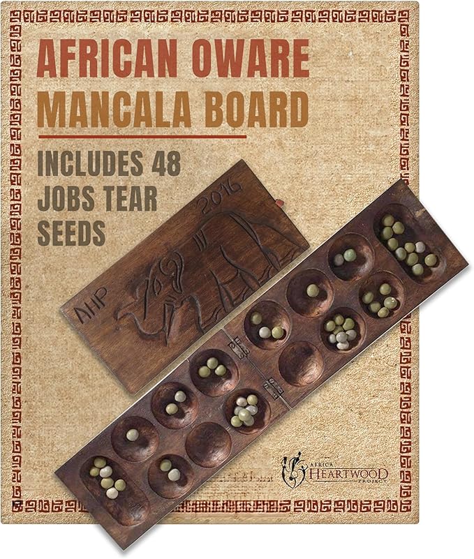 Africa Heartwood Project African Oware Mancala Board - Wooden Folding Mancala Square Shape Hand-Carved Solid Wood with Elephant Design 48 Seeds and Instructions Included