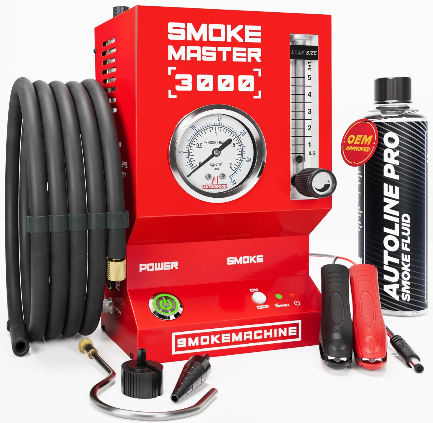 AutoLine Pro *2025 NEW Model* Automotive High Volume Smoke Machine - EVAP Leak Detector with Built-in Air Compressor - Model 3000E – EVAP Vacuum Exhaust Smoke Detector Tools Kit - Red