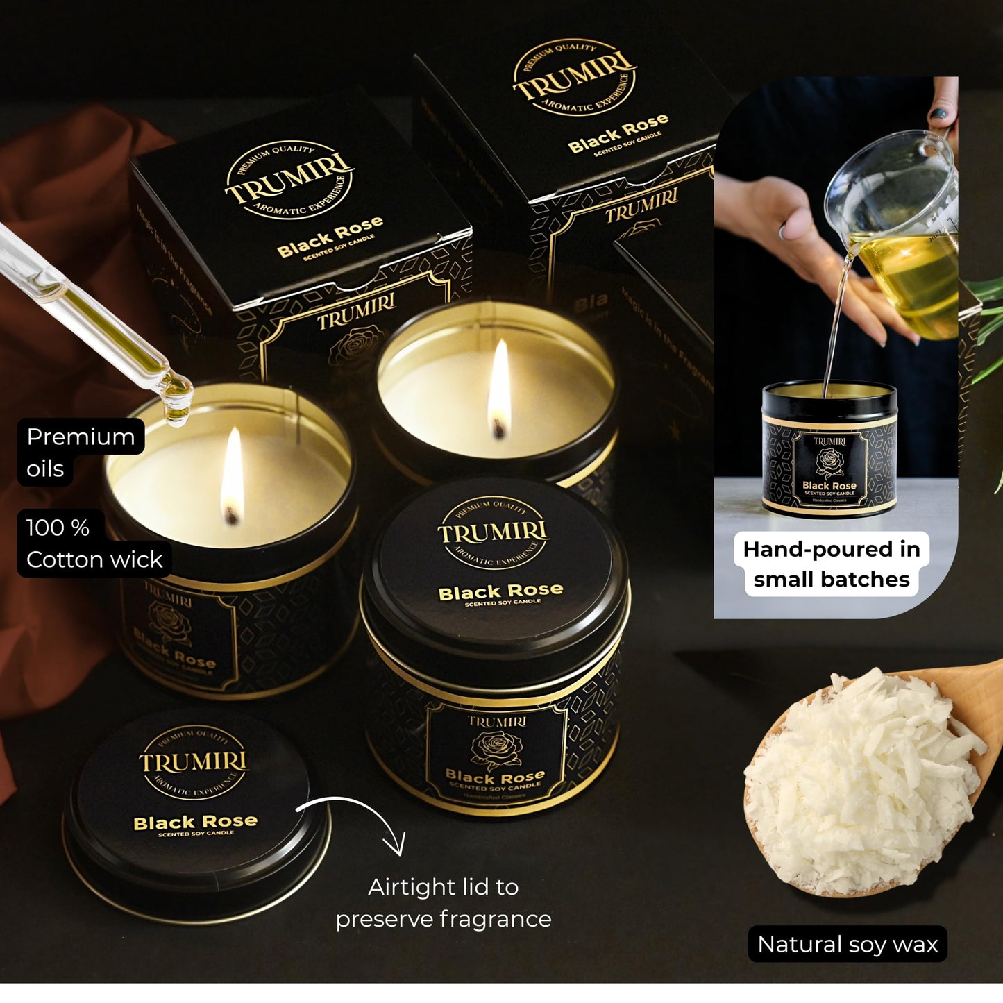 Black Rose Candle Strong Scented Soy Candel Clean Non Toxic Velas Aromáticas Gift for Women 5Oz Decorative Tin Jars with Lids Pack of 3