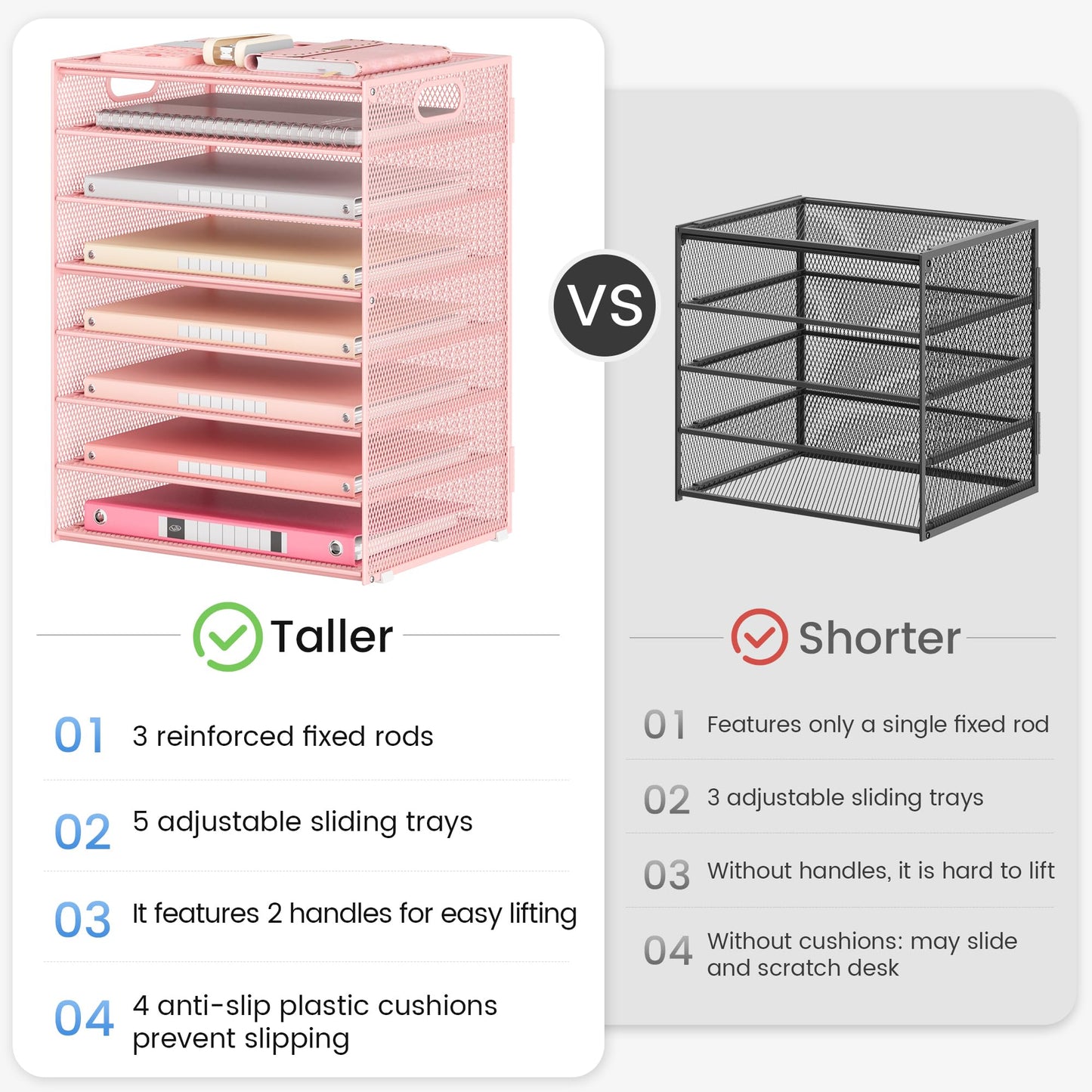 Lavatino 8-Tier Letter Tray Desk Paper Organizer, Mesh File Sorter Tray Organizer for Desk Office Supplies & Home Organization, Fits A4 Paper, Mail, Magazines and Office Accessories (Pink with Handle)