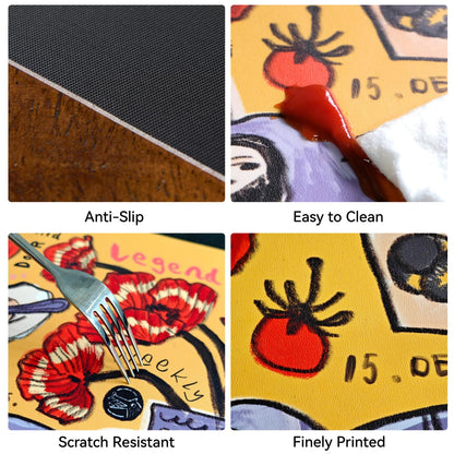 SAMCAM Placemats Set of 4 with Hand-Drawn Illustrations, 17.7" x 11.8", Faux Leather Place Mats, Waterproof, Heat Resistant, Anti-Slip, Easy to Clean, Table Mats for Dining, Kitchen, Coffee Table