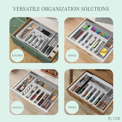 ELTOW Large Expandable Silverware Drawer Organizer, 8 Compartment Non-Slip & Adjustable Silverware Organizer for Drawer, Kitchen Organization for Utensils, Cutlery, Silverware Tray (White)