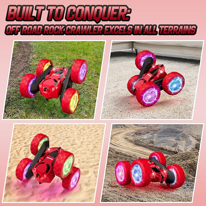 Remote Control Car for Kids Ages 6-12 4WD RC Stunt Car with LED Lights &amp 360° Flips 2.4GHz Fast Electric Toy Vehicle Upgraded Battery Birthday for Boys Ages 8-10